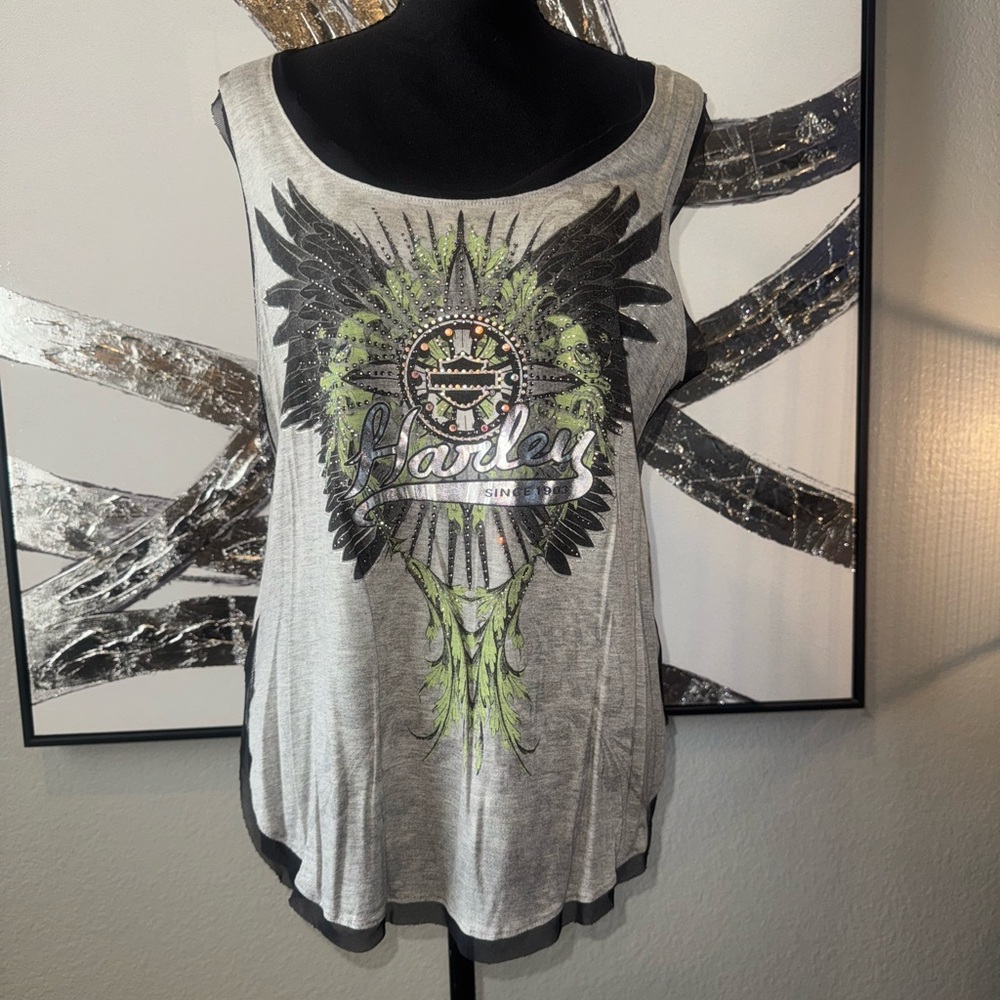 Harley-Davidson Gray Tank with Black and Lime Graphic Wings